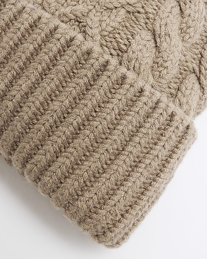 Khaki Chunky Cable Knit Beanie Hat