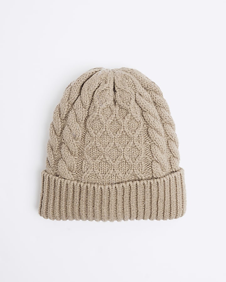 Khaki Chunky Cable Knit Beanie Hat
