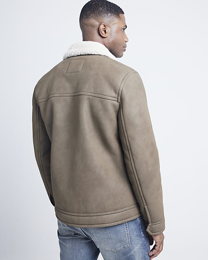 Beige regular fit nubuck shearling jacket