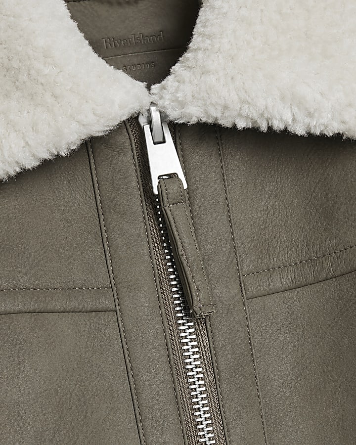 Beige regular fit nubuck shearling jacket