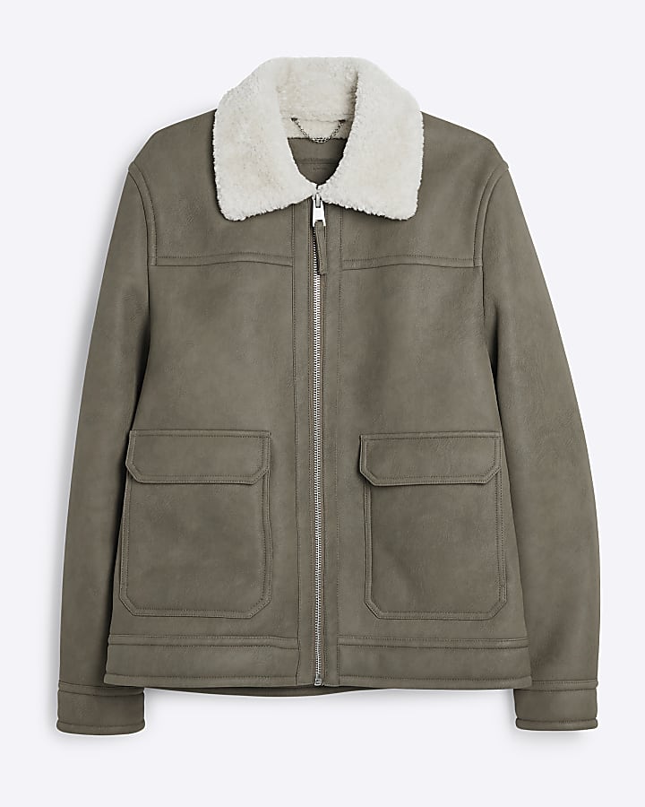 Beige regular fit nubuck shearling jacket