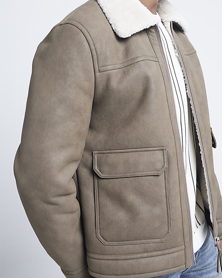 Beige regular fit nubuck shearling jacket