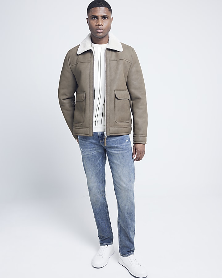Beige regular fit nubuck shearling jacket