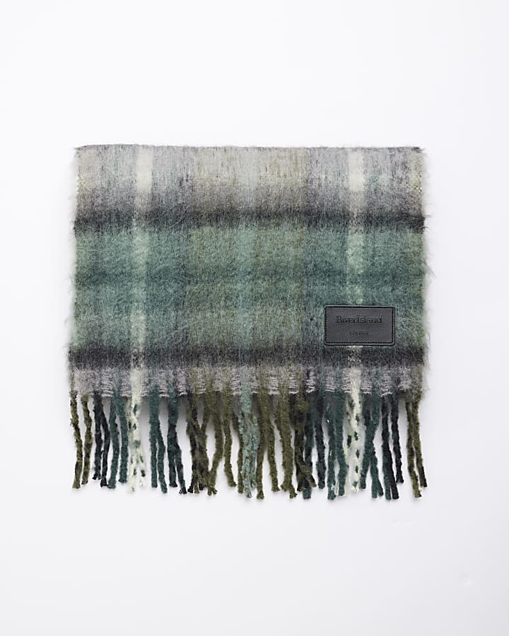 Green Checked Fluffy Brushed Scarf