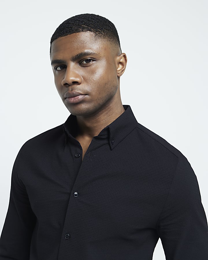 Black muscle fit stretch textured shirt