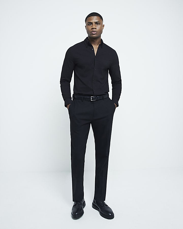 Black muscle fit stretch textured shirt