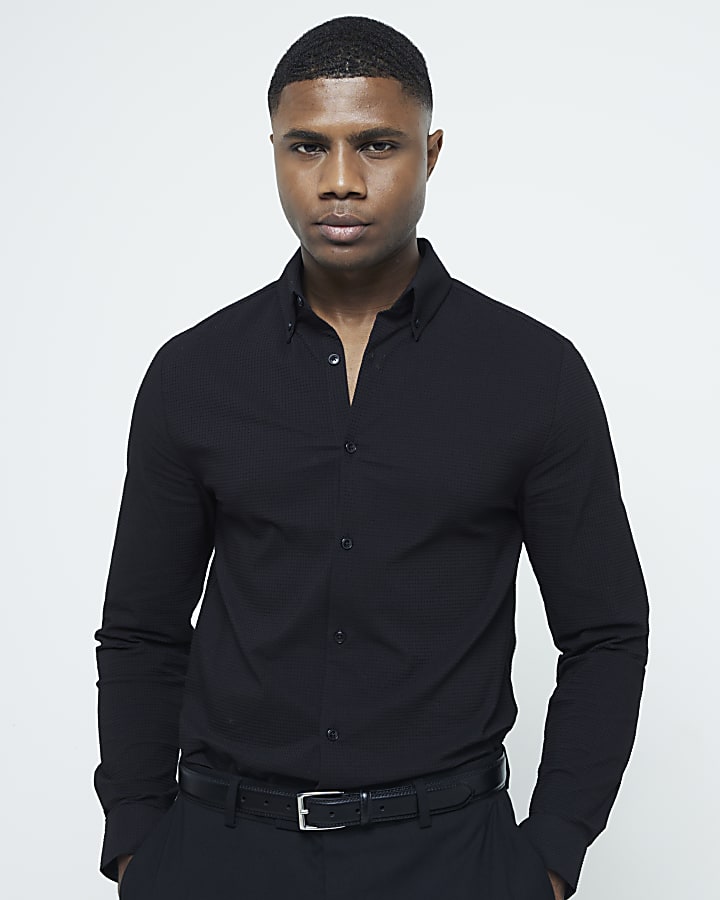 Black muscle fit stretch textured shirt