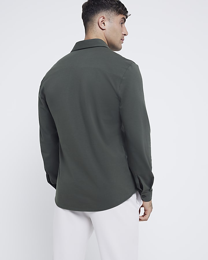 Khaki slim fit stretch long sleeve shirt