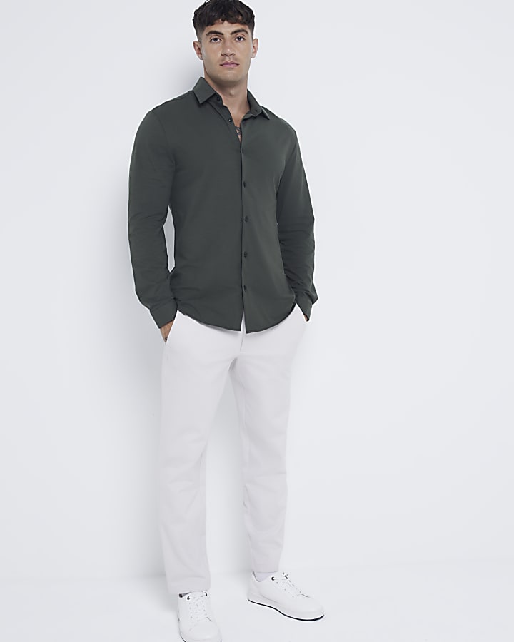 Khaki slim fit stretch long sleeve shirt