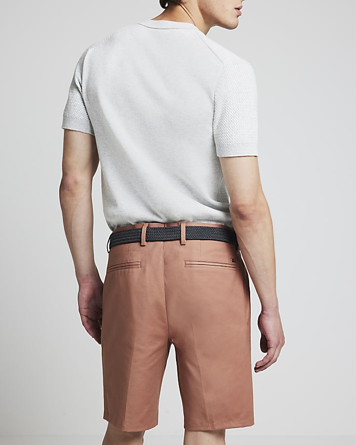 Pink Slim Fit Belted Chino Shorts