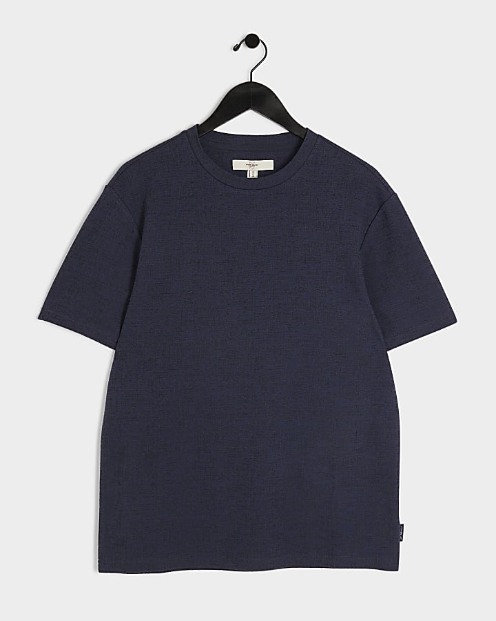 Navy slim fit textured fabric t-shirt