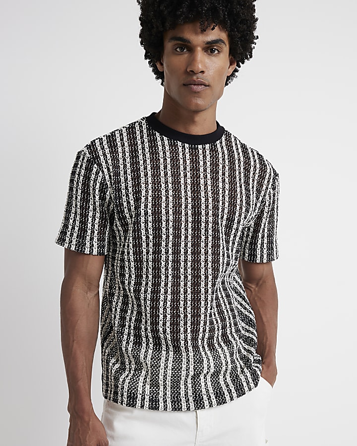 Black regular fit crochet stripe t-shirt