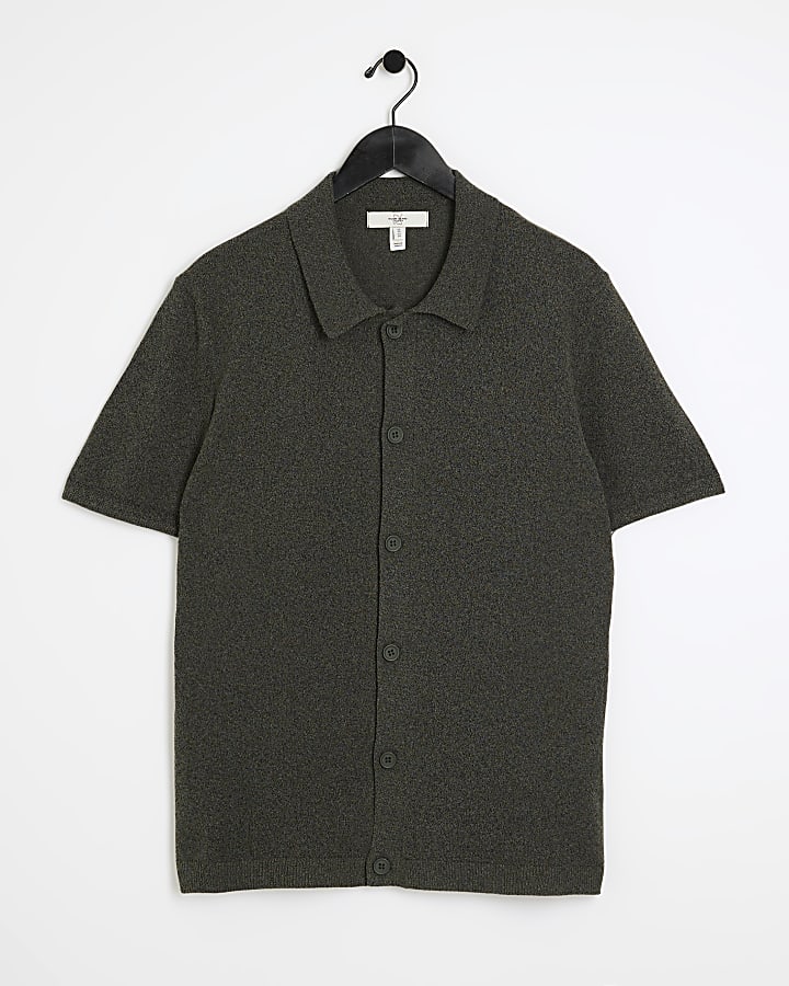 Khaki slim fit boucle knitted shirt