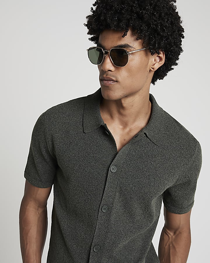 Khaki slim fit boucle knitted shirt