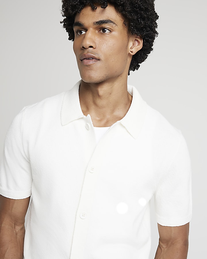 White slim fit boucle knitted shirt