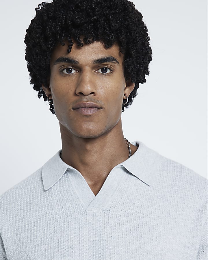 Grey Textured Slim Fit Polo Jumper
