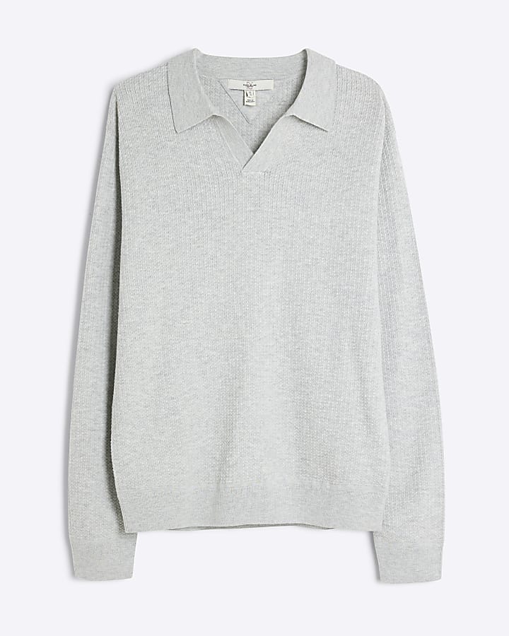 Grey Textured Slim Fit Polo Jumper