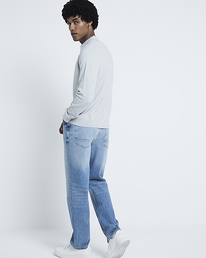 Grey Textured Slim Fit Polo Jumper