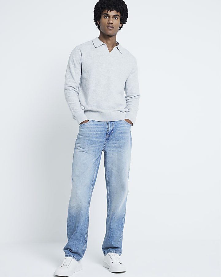 Grey Textured Slim Fit Polo Jumper