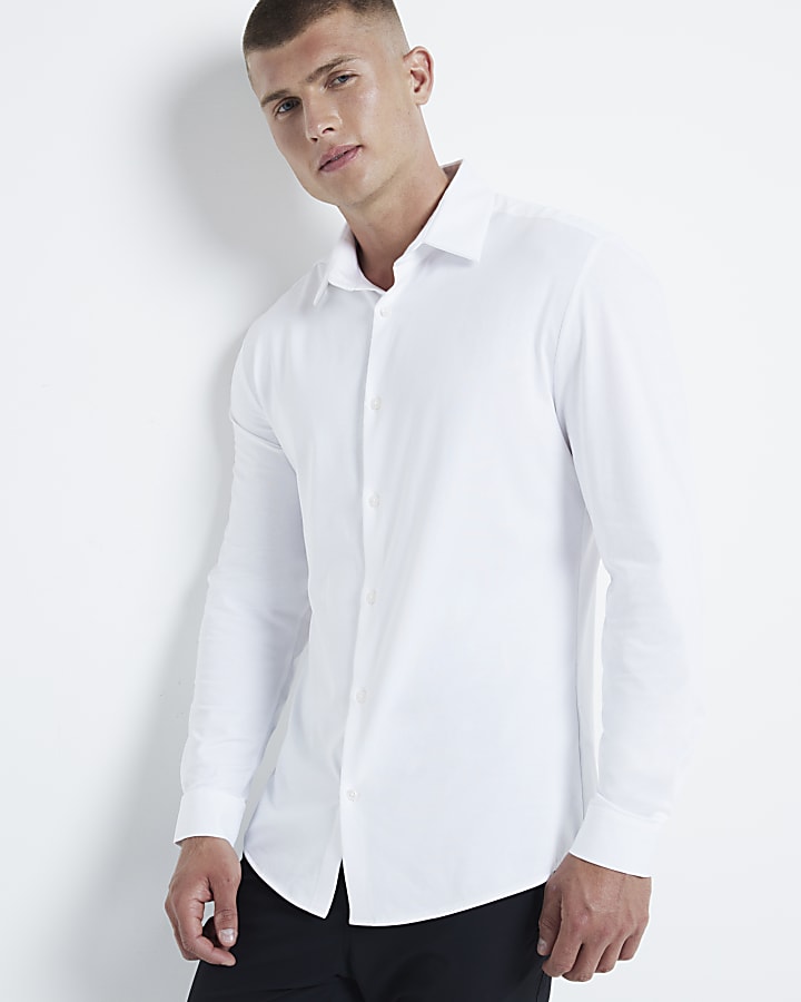 White slim fit stretch long sleeve shirt