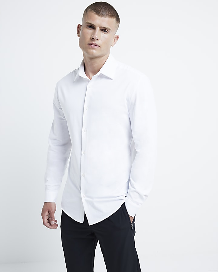 White slim fit stretch long sleeve shirt