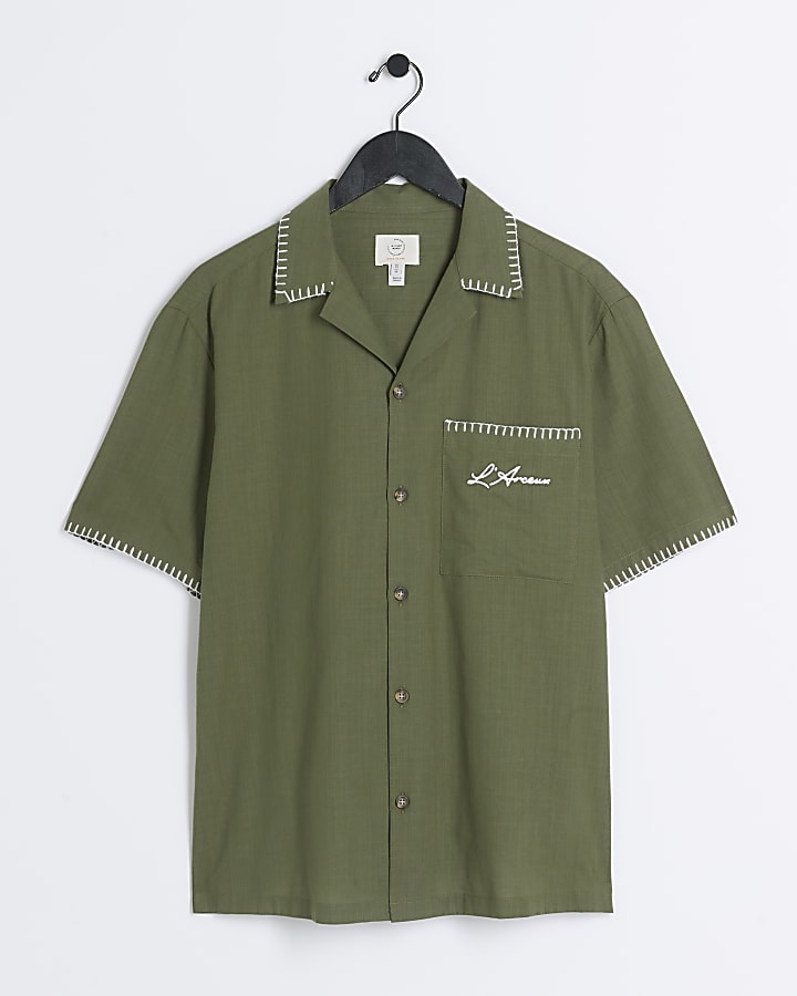 Khaki regular fit stitched revere shirt