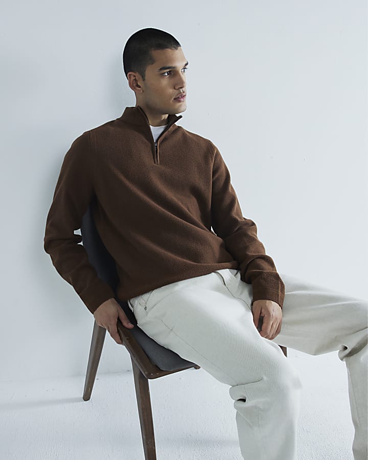 Brown Slim Fit Waffle Half Zip Jumper