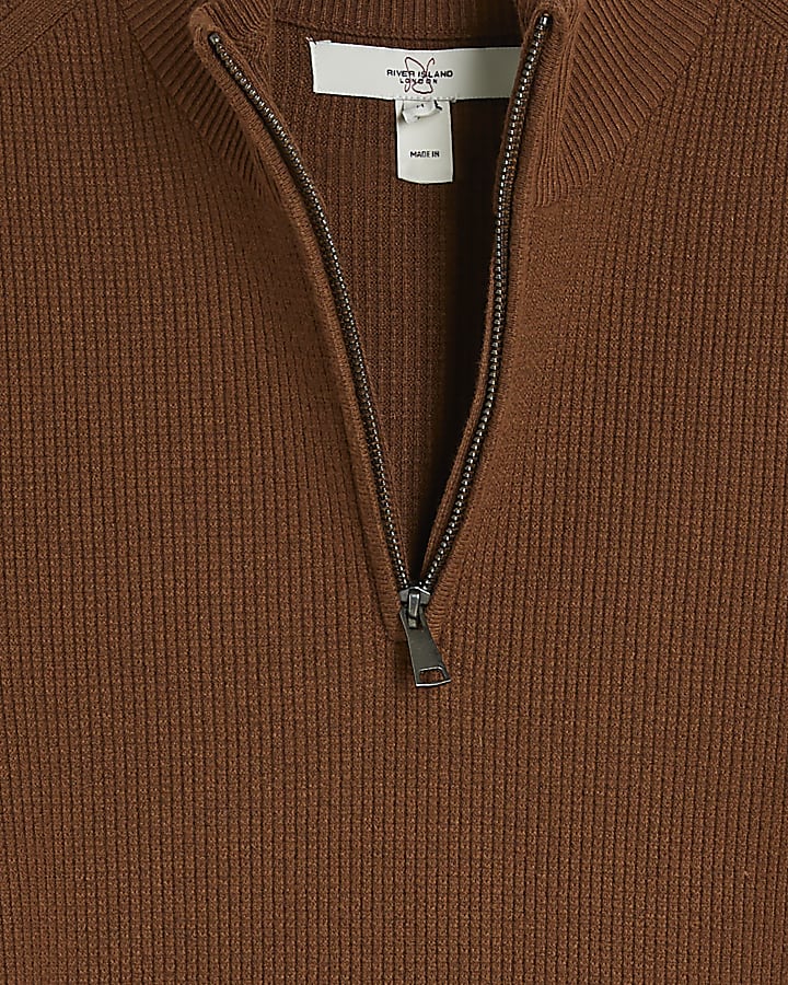 Brown Slim Fit Waffle Half Zip Jumper