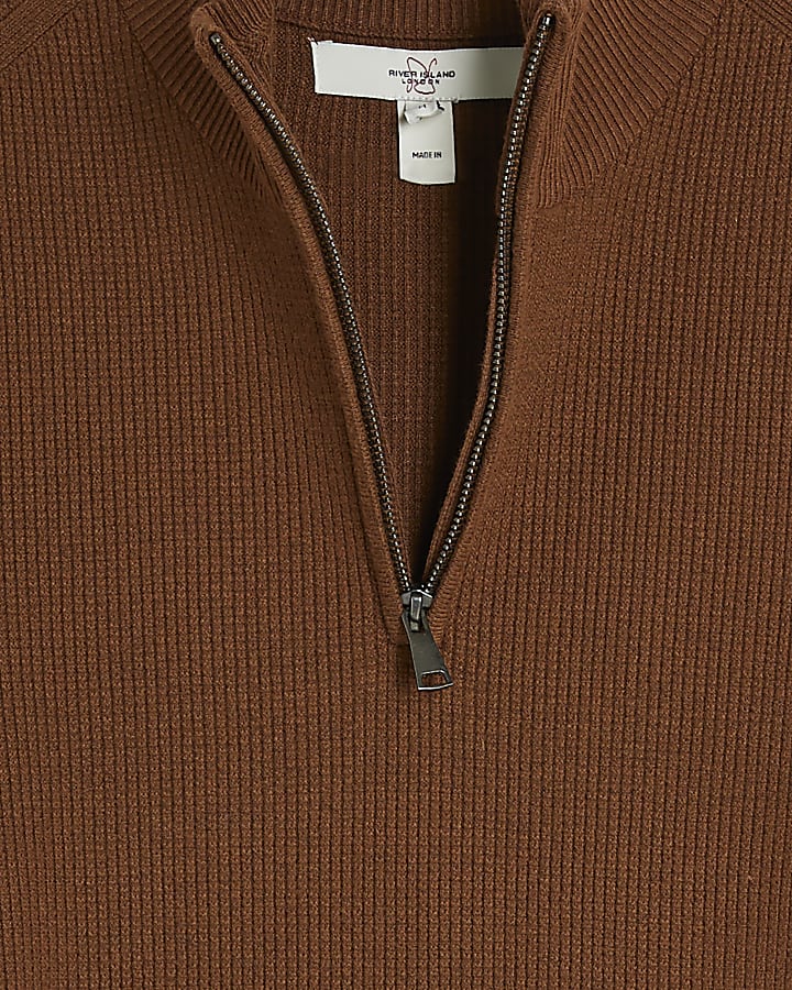 Rust Slim Fit Waffle Half Zip Jumper