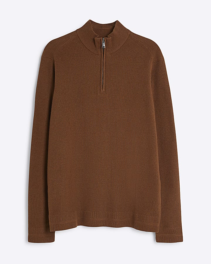 Brown Slim Fit Waffle Half Zip Jumper