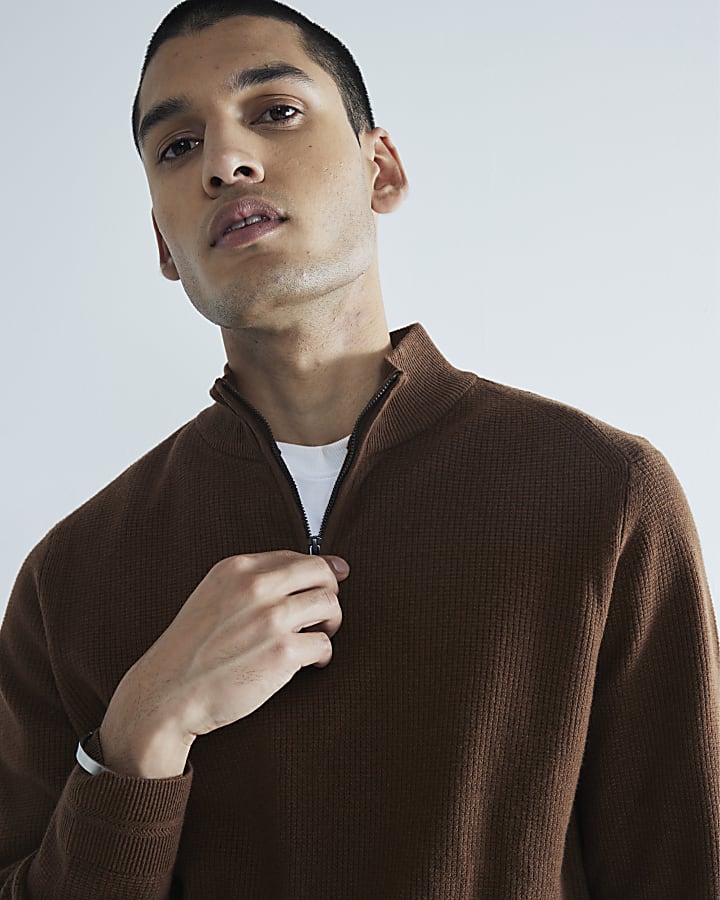 Brown Slim Fit Waffle Half Zip Jumper