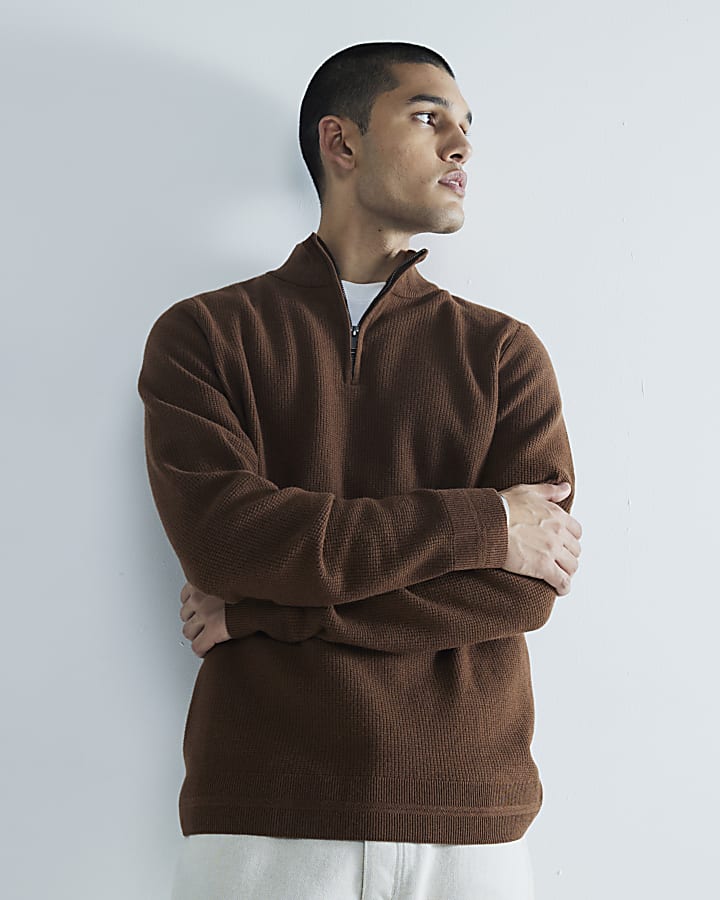 Rust Slim Fit Waffle Half Zip Jumper