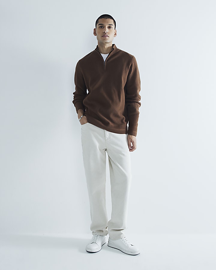 Brown Slim Fit Waffle Half Zip Jumper