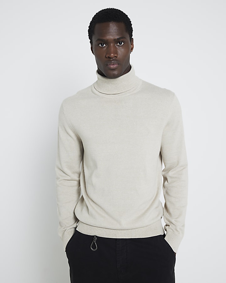 Beige Slim Fit Long Sleeve Roll Neck Jumper