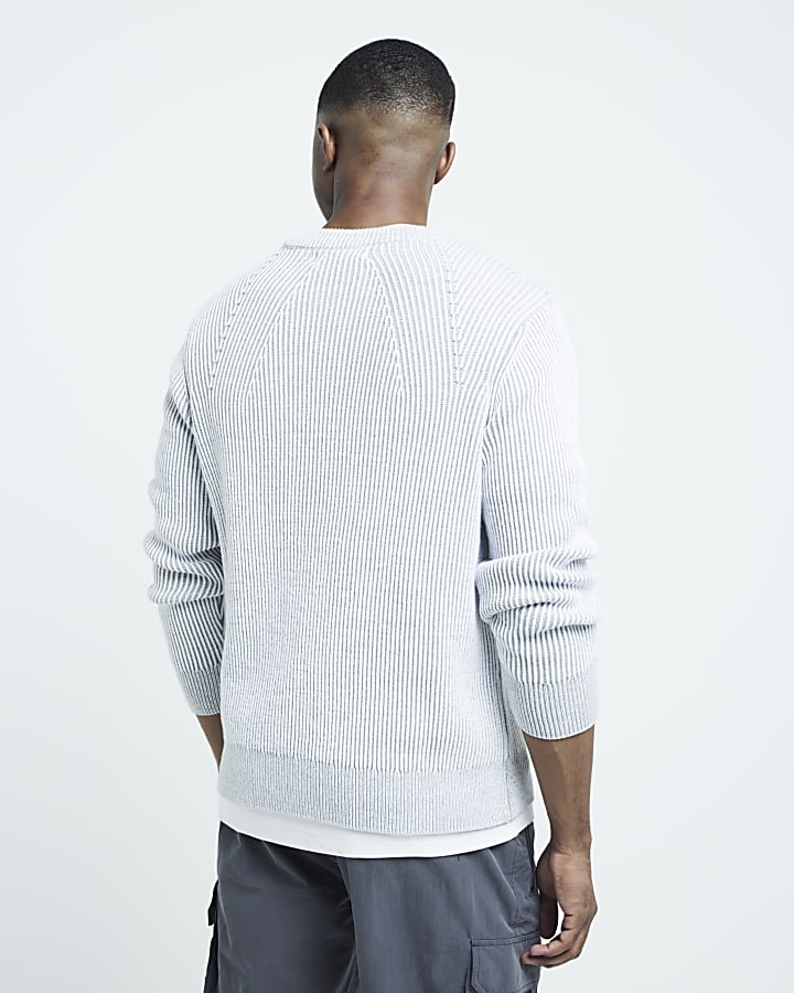 Grey slim fit plaited crew neck jumper