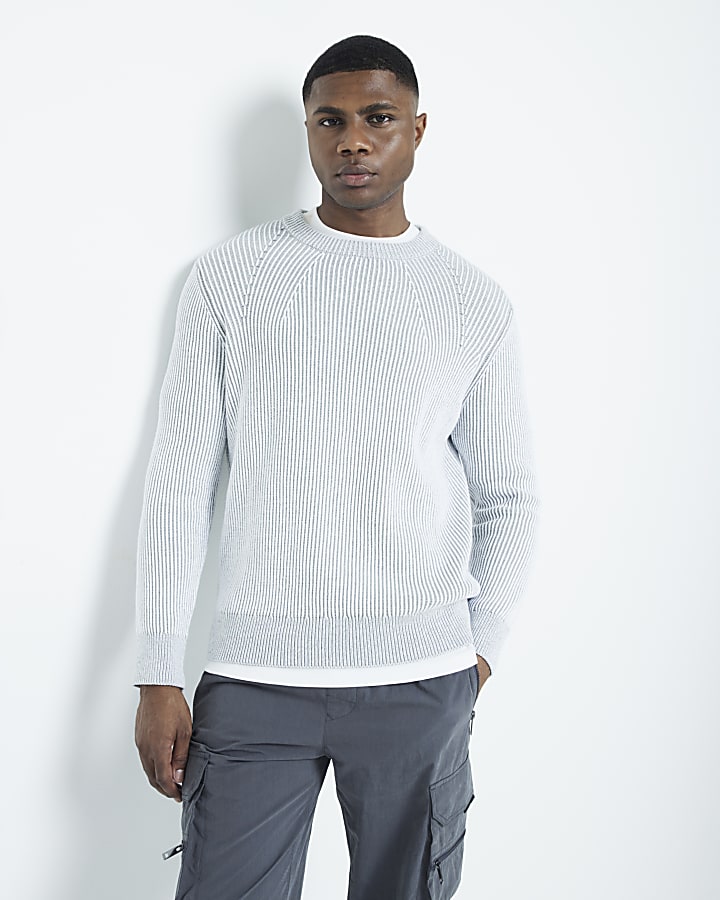 Grey slim fit plaited crew neck jumper