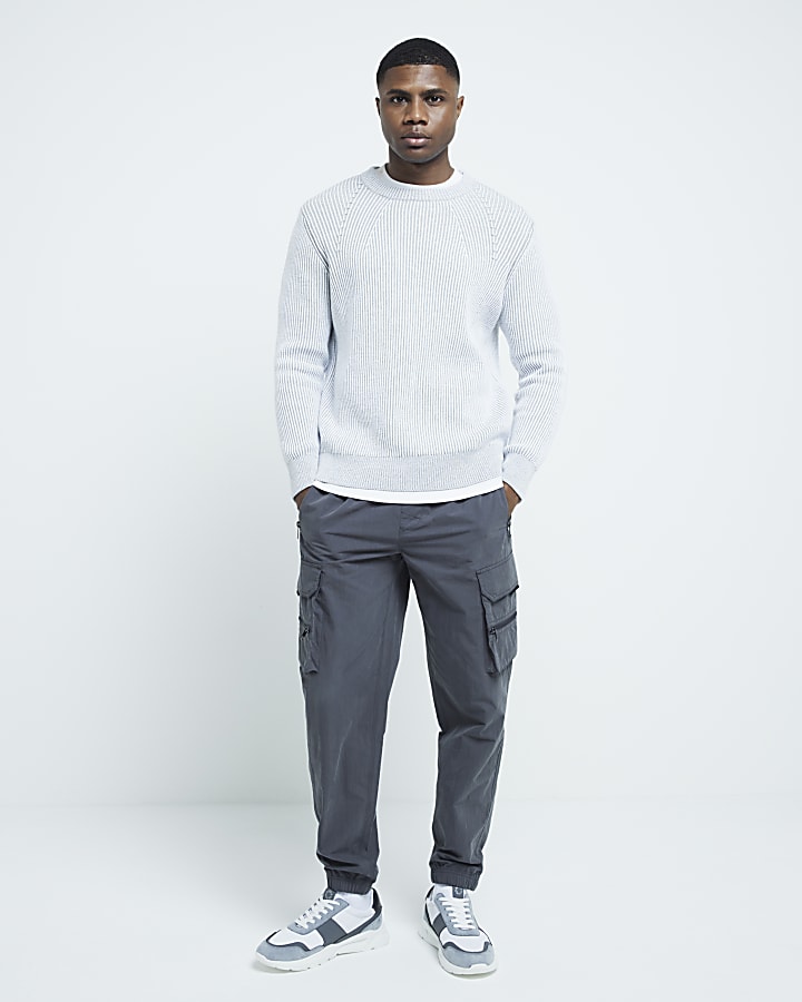 Grey slim fit plaited crew neck jumper