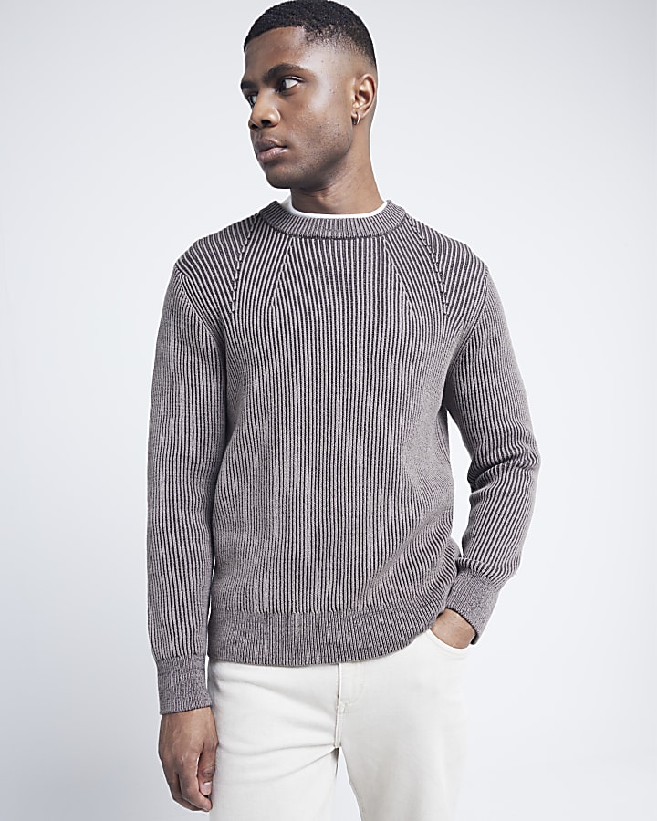 Brown slim fit plaited crew neck jumper