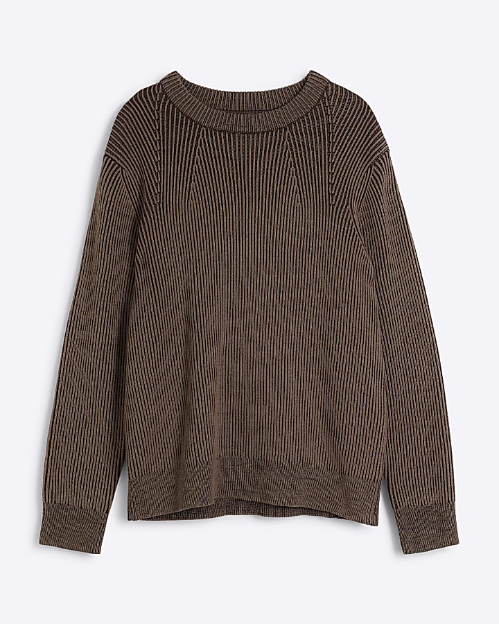 Brown slim fit plaited crew neck jumper