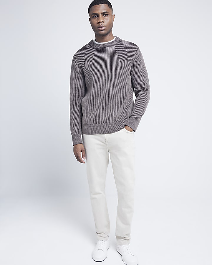 Brown slim fit plaited crew neck jumper