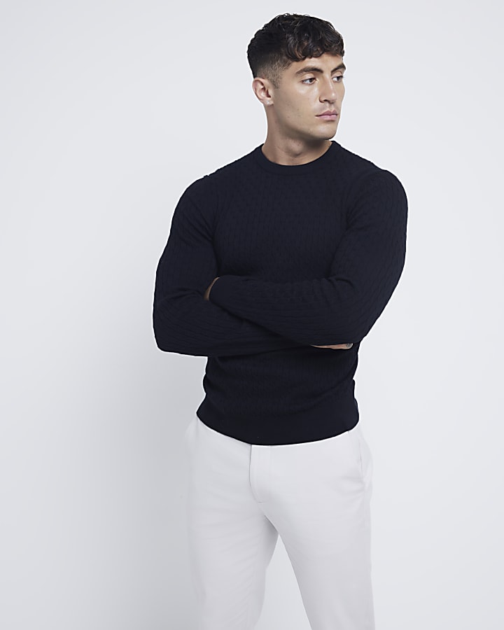 Black muscle fit cable knitted jumper