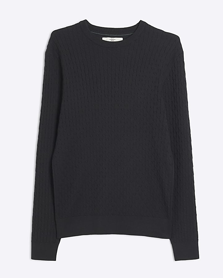 Black muscle fit cable knitted jumper