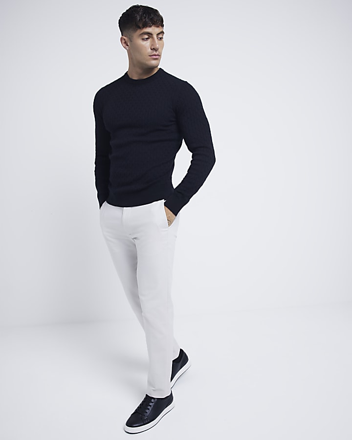 Black muscle fit cable knitted jumper