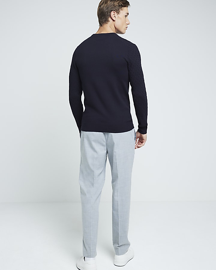 Navy muscle fit cable knit jumper
