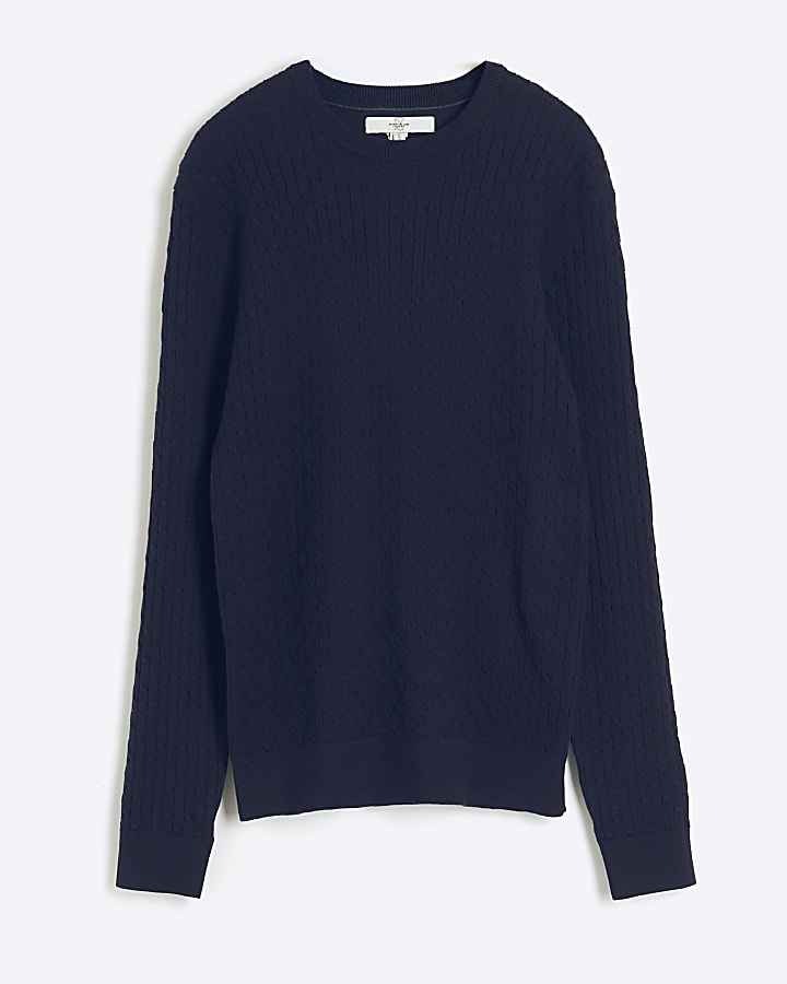 Navy muscle fit cable knit jumper