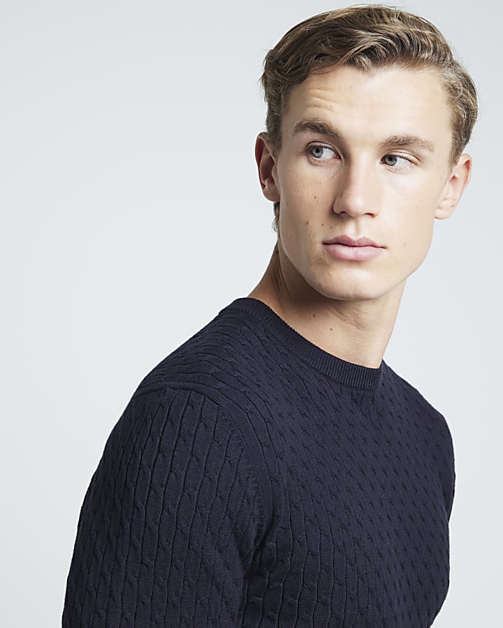 Navy muscle fit cable knit jumper