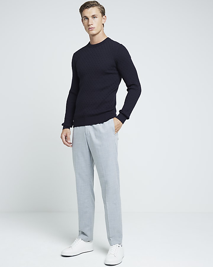 Navy muscle fit cable knit jumper