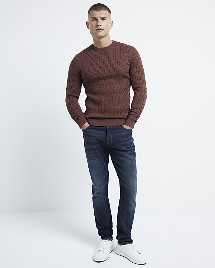 Brown muscle fit cable knitted jumper