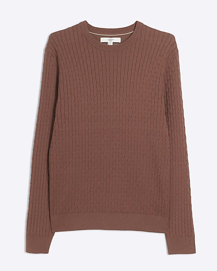 Brown muscle fit cable knitted jumper