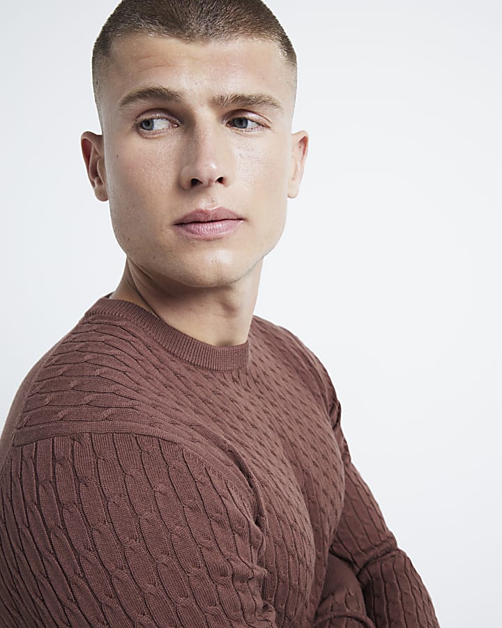 Brown muscle fit cable knitted jumper